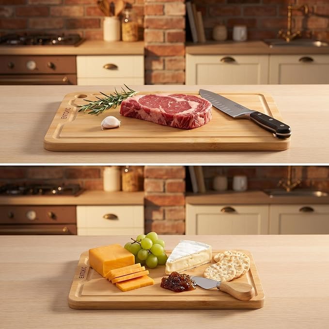Dark Bamboo Wooden Cutting Boards Kitchen Chopping Boards With 3 hooks | Durable carbonized bamboo construction deep juice groove for food prep meat cutting vegetable chopping and daily serving