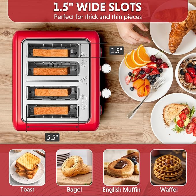 BUYDEEM DT640 4-Slice Toaster, 7 Shade Settings, Extra Wide 1.5’’ Slots for Bagel & English Muffin, 6 Toasting Functions, Retro Stainless Steel Toaster with High Lift Lever, 1800W, Red