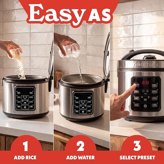 Gourmia Rice Cooker – 5 Qt Capacity, 20 Cup Cooked, 10 Cup Uncooked, Digital Controls, 6 Cooking Presets, Grain Cooker & Steamer, Nonstick Pot, Steam Tray, Delay Timer, Keep Warm, Stainless Steel