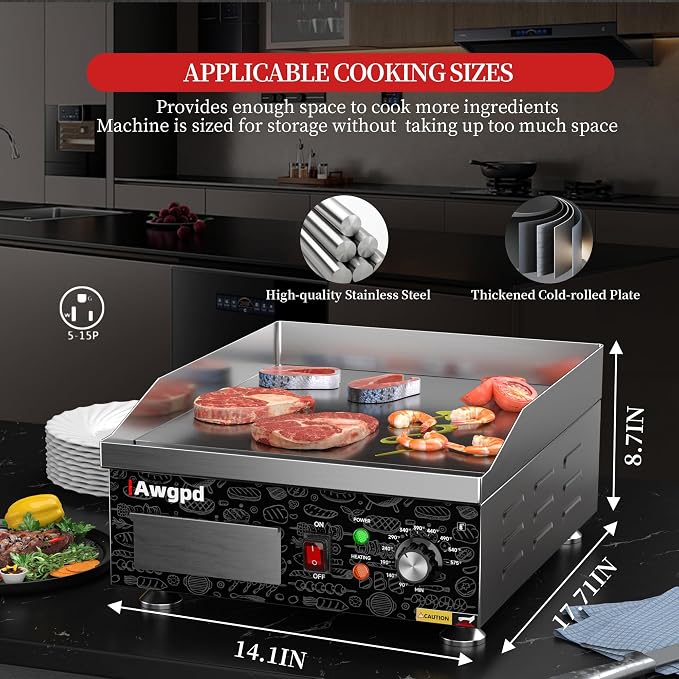 14" Commercial Electric Griddle,Electric Countertop Flat Top Griddle | 110V 1800W Electric Flat Top Grill,Non-Stick Restaurant Teppanyaki Stainless Steel Grill,Adjustable Temperature Control