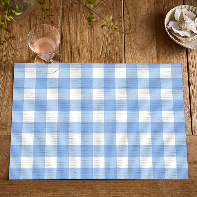 Artoid Mode Buffalo Plaid Vinyl Placemats Set of 4, 12x18 Inch Washable Non-Slip Heat Resistant Plastic Place Mats for Party Dining Table, Blue/White