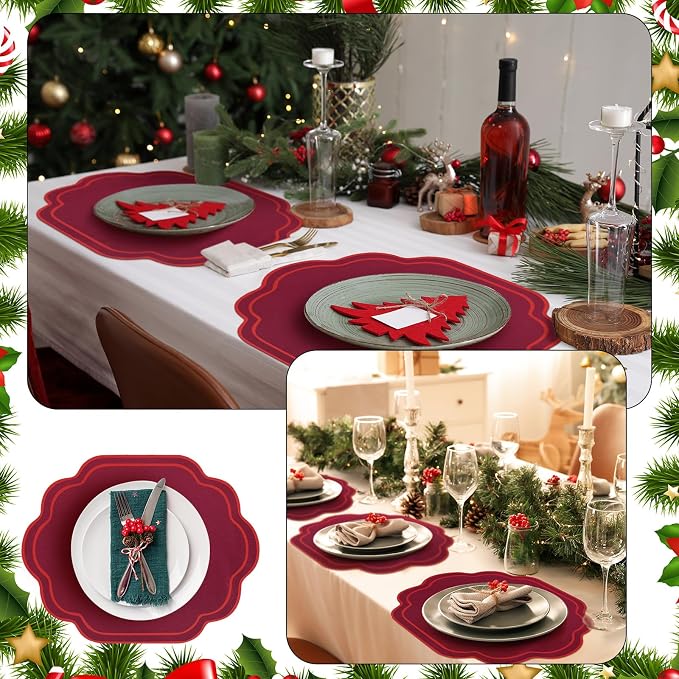6 Pcs Wine Red Wedding Placemats Scalloped Embroidered Cotton Linen Placemats 17" x 13" Double Layered Machine Washable Table Place Mat for Party Table Decor (Cotton)