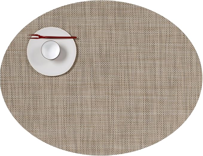 Chilewich Mini Basketweave Placemats, Woven Oval Placemats Set of 4 | Reusable, Stain-Resistant, Indoor/Outdoor Tabletop Protection, Linen, 14" x 19.25"