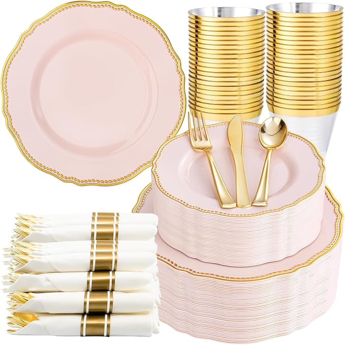 350 Pcs Pink and Gold Plastic Plates for Wedding & Party | Pink Plastic Dinnerware Set Includes 50 Dinner Plates, 50 Dessert Dinnerware, 50 Cups, 50 Rolled Napkin Cutlery