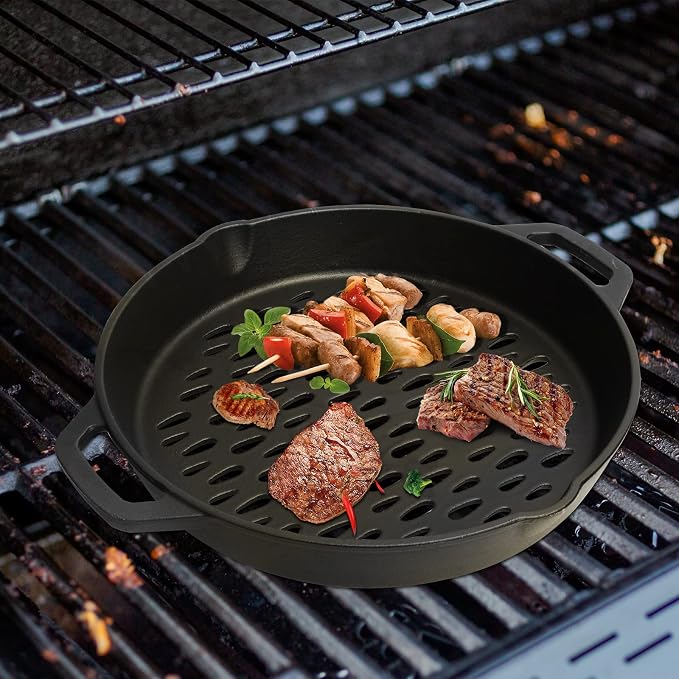 12" Round Cast Iron Grill Basket with Dual Handles – For Veggies/Fish/Meat | Heavy-duty seasoned cast iron basket; fits most grills/smokers; small perforations prevent food loss; dual handles