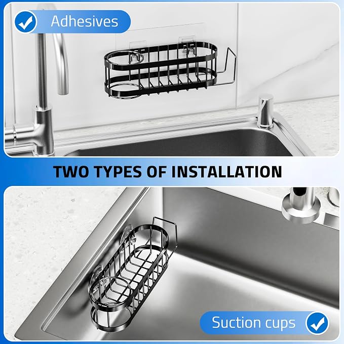 Cisily Sponge Holder Smiley Face, Sink Caddy for kitchen Sink, Kitchen Organizer Sponge Holder with 2 PCS Suction Cups and Adhesive Strips, Designed for Sponge, Soap, Dish brush, Scrubber-Black