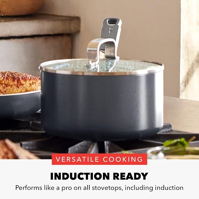 GreenPan x Bobby Flay 1.67QT Ceramic Nonstick Saucepan with Lid, Graphite | PFAS-Free Diamond Ceramic Nonstick Chef Pan, Silicone Handle, Induction & All Stovetop Compatible, Dishwasher and Oven Safe