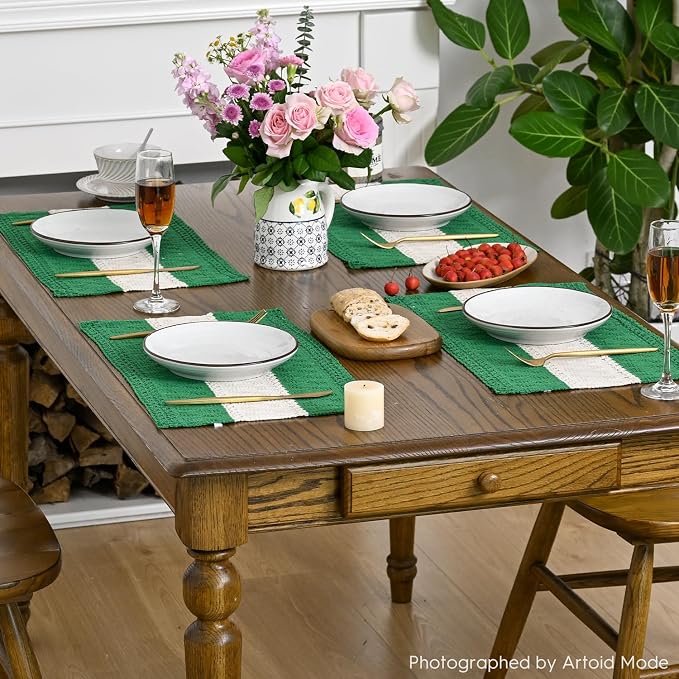 Artoid Mode Dark Green Farmhouse Rustic Placemats Set of 6,12x18 Inch Seasonal Hollow Table Mats Party Kitchen Dining Decoration