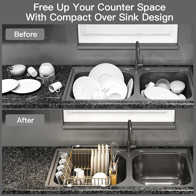 Gold Dish Drying Rack Over Sink with Utensil Holder, Drainboard | Expandable Stainless Steel Dish Drainer for Small Kitchen, Apartment, RV, Counter Space Saving, Perfect Fit, Rustproof