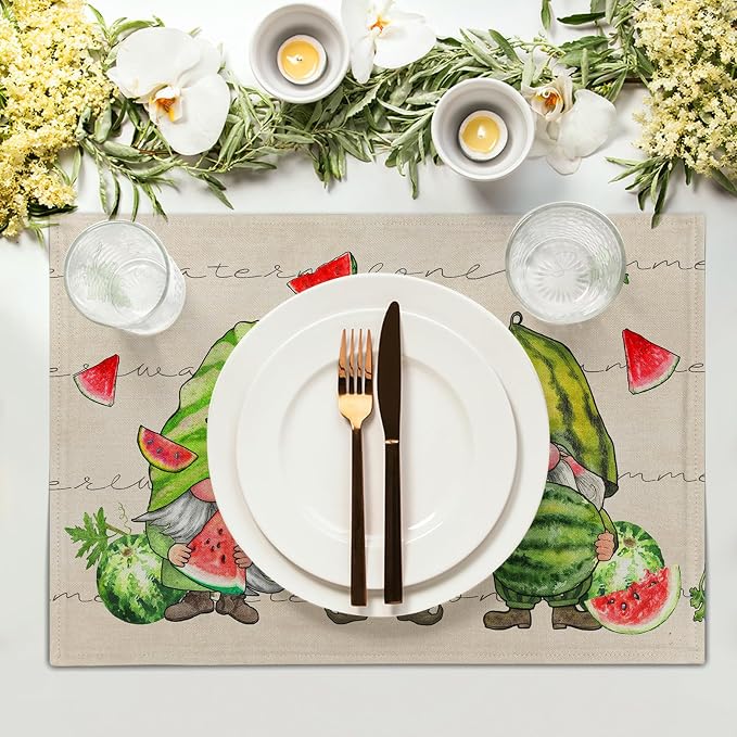 Summer Watermelon Gnomes Placemats Set of 4 12 x 18 Inch,Watercolor Red Watermelon Washable Kitchen Mats Seasonal Place Mat for Kitchen Dining Table Decor
