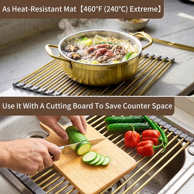 Golden Roll Up Dish Drying Rack, Stainless Steel Dish Drainer Over The Sink for Kitchen Sink Counter Storage, Applicable for Sink Width Less Than 17in (18.5'' x 11.5'')