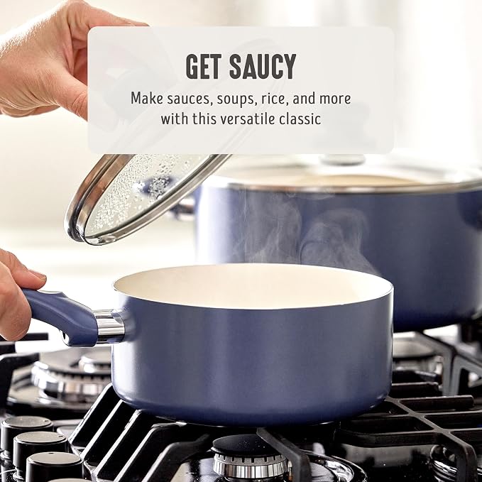 GreenLife 2QT Ceramic Nonstick Saucepan with Lid, Slate Blue | PFAS-Free Ceramic Nonstick Coating, Soup Pot, Induction Ready, All Stovetop Compatible, Stay-Cool Handles, Dishwasher Safe