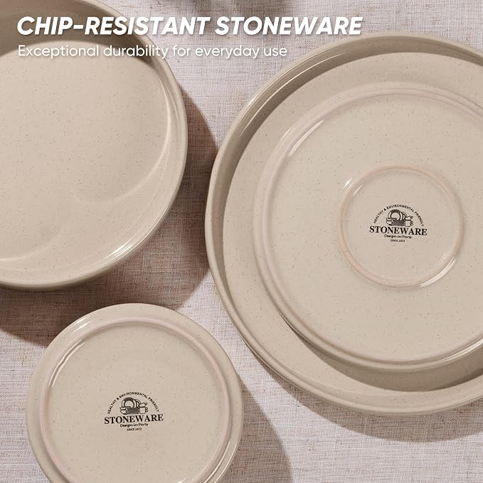 E-far Dinnerware Sets with Pasta Bowls, 24-Piece, Speckled Khaki | Stoneware Plates and Bowls Sets for 6, Chip and Scratch Resistant, Microwave & Dishwasher Safe Kitchen Modern Dish Set