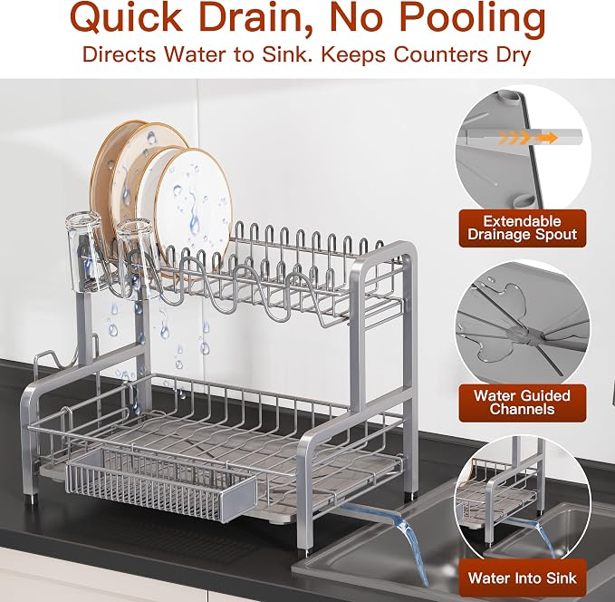 2 Tier Large Stainless Steel Dish Drying Rack for Kitchen Counter | Big Dish Drainer with Drainboard, Cup & Utensil Holder, Space Saving Rustproof Countertop Metal Plate Dryer Rack, Fast Drain