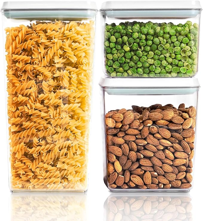 Airtight Food Storage Containers, 3.5/2.1/1.3 Qt, 3-Piece Set | Clear Stackable Canisters with One-Touch Lids for Flour, Cereal, Oats, Sugar, Snacks and Pantry Staples in Small Kitchens