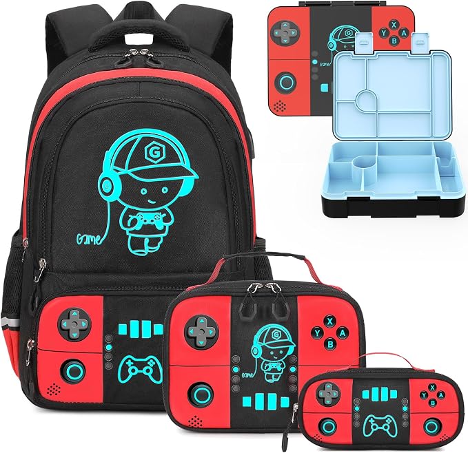 Backpack for School Boys, Cool Luminous Gamer Boys Schoolbag | with Lunch Box & Pencil Case Set for Kids Teens Elementary Middle School, Bookbag Glow In The Dark
