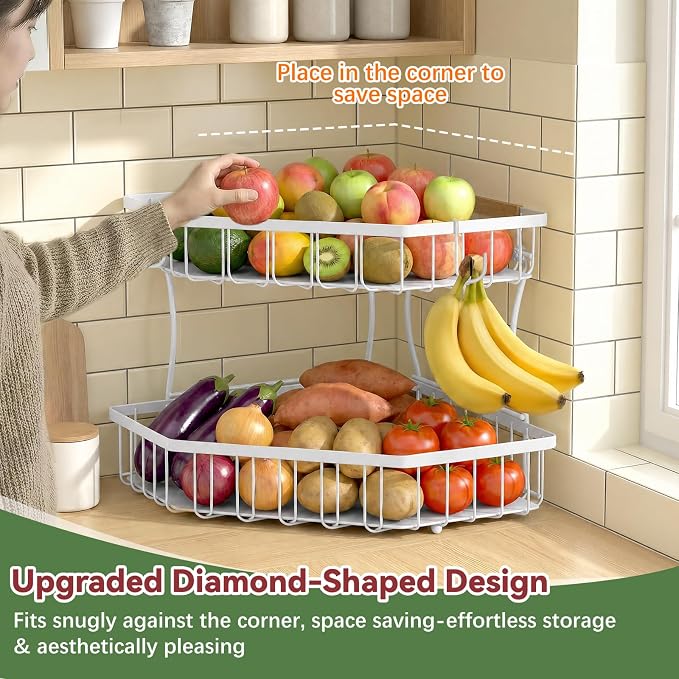2 Tier Fruit Basket for Kitchen Counter with 2 Banana Hangers for Corner | Detachable Metal Fruit Bowl with Wooden Handle, Large Capacity Fruit Stand for Bread Fruit and Vegetable Storage, White