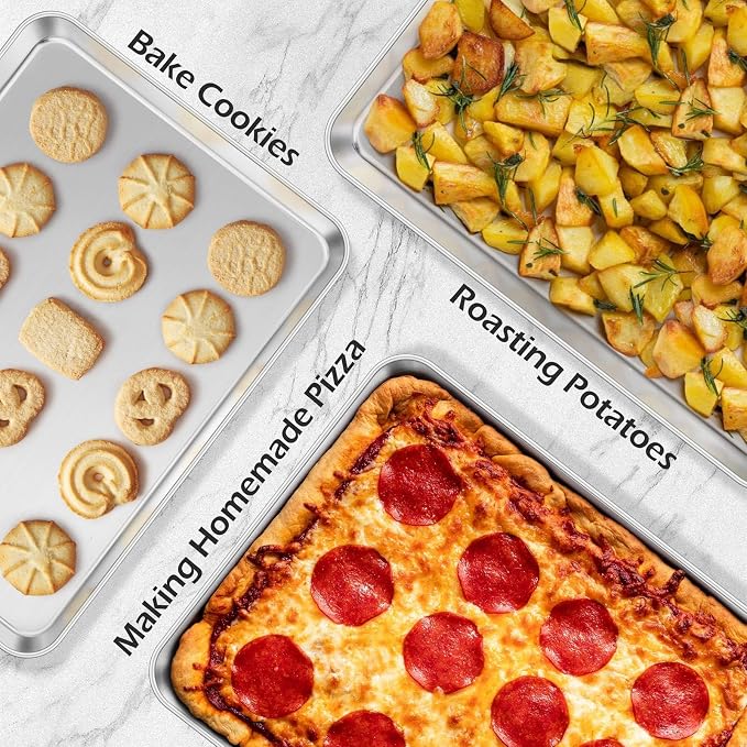 Leonyo Non-Toxic 16x12IN Stainless Steel Baking Sheet Jelly Roll Pan | Commercial-Grade 12x16IN Metal Cookies Sheet Jelly Roll Pan For Baking, Toaster Oven Baking Trays For Food, Dishwasher Safe