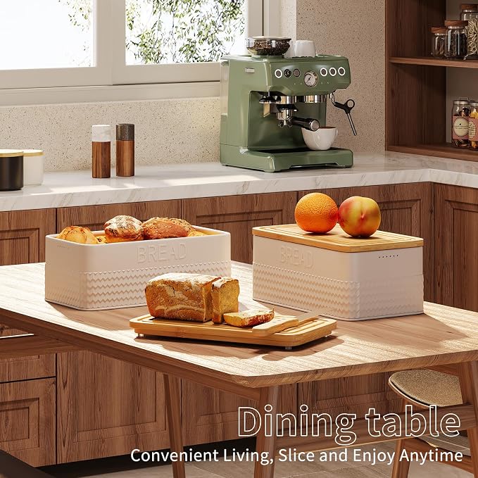 Bread Box for Kitchen Countertop,Metal Bread Storage Bin with Bamboo Cutting Board Lid, Includes Bread Knife, Fits Sourdough & Buns, Stylish Organize (White)