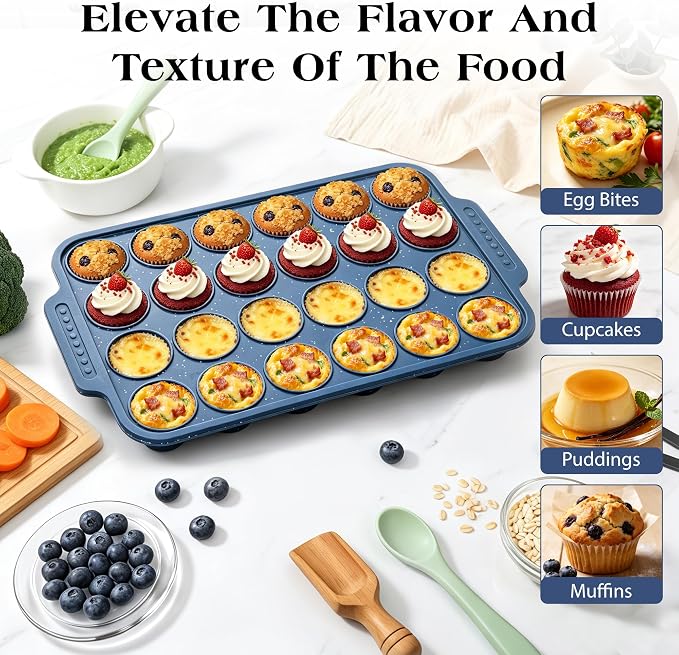 Silicone Muffin Pans for Baking with Metal Reinforced Frame | Nonstick 24-Cup Mini Size Cupcake Tray for Egg Bites, Muffins & Cupcakes, Dishwasher Safe, Titan Blue, Set of 2