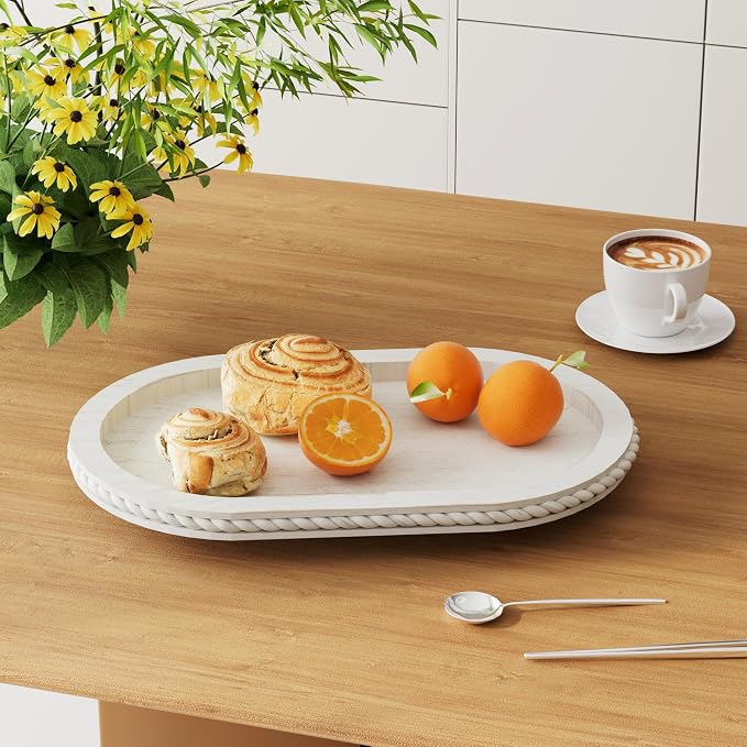 Urban Deco Oval Wooden Decorative Tray Set of 2 | Farmhouse Vintage Decorative Tray Stand for Coffee Table, White Serving Tray for Living Room Kitchen Home Decor