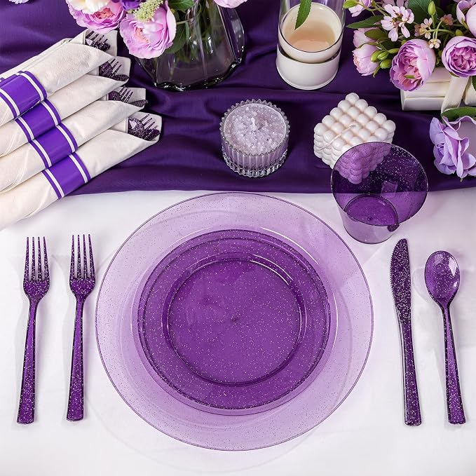DaYammi 350 Pieces Purple Glitter Dinnerware Set 50 Guest for Party- 50 Dinner Plates, 50 Dessert Plates -50 Per Rolled Napkins with Purple Cutlery - 50 Disposable Cups 9 OZ