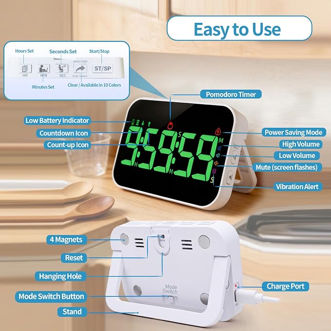 Digital Timer for Classroom, Pomodoro & Kitchen, Rechargeable Magnetic Countdown Timer with Large LED Display, Loud Alarm, 3 Volume Levels, Vibration Mode & 3 Brightness Settings