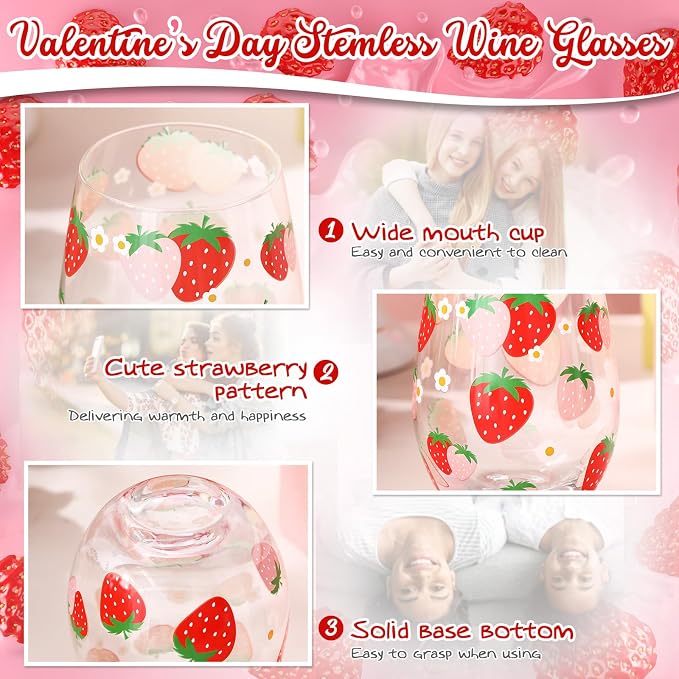 Sliner 2 Pack 17oz Strawberry Stemless Wine Glasses for Women Strawberry Cups Colorful Conversation Drinking Glass for Gift Birthday Party Supplies Graduation Gifts Theme Events