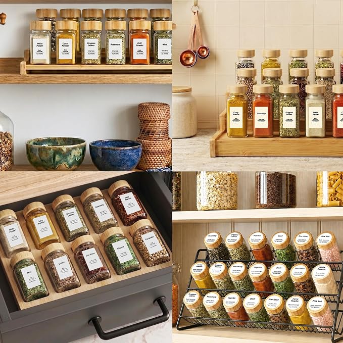 SHOWIN Spice Jars with Label, 4oz Spice Containers with Bamboo Lids 12pcs, Glass Spice Jars with Lids, Square Seasoning Containers for Rack, Cabinet, Drawer, Home Kitchen Seasoning Organizer