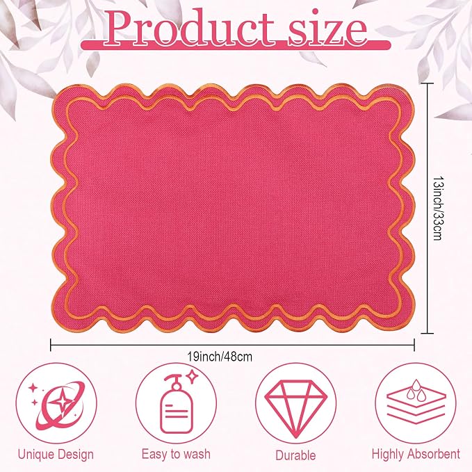 Linen Placemats Set of 12 Scalloped Placemat 13 X19 Wavy Embroidery Double Layered Washable Farmhouse Dinner Fabric Table Mat Napkin for Wedding Party Restaurant(Regular,Rose Pink)