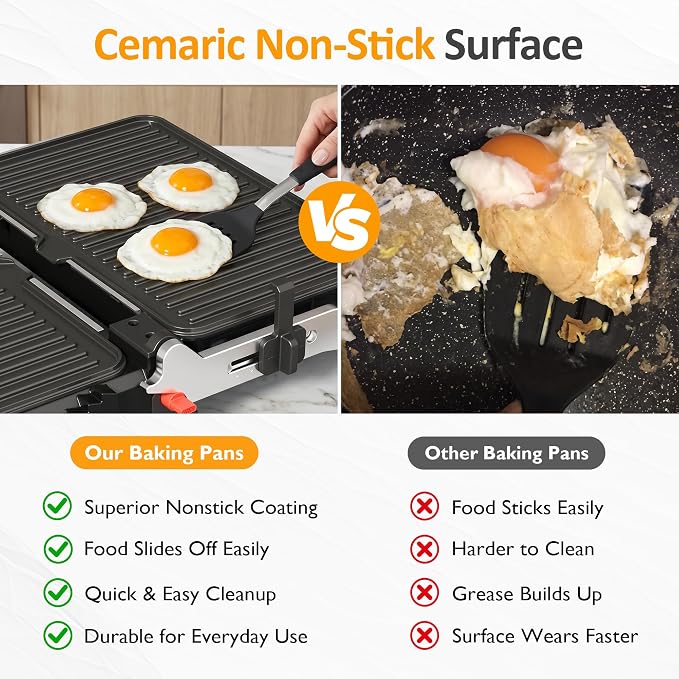 SUNVIVI 3-in-1 Electric Grill Indoor, Panini Press & Sandwich Maker with Removable Plates, 1600W, 8 Cooking Modes, 180° Flat Opening, Adjustable Temp, Ceramic Nonstick Dishwasher Safe, Stainless Steel