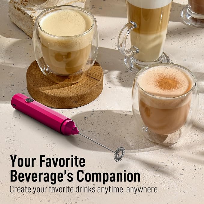 Zulay Froth N Go Milk Frother – Rechargeable 3-in-1 Handheld Frother Wand with Travel Case & USB-C Charger – Single, Double & Egg Whisk for Latte, Cappuccino, Matcha, Protein Shakes – Dragonfruit