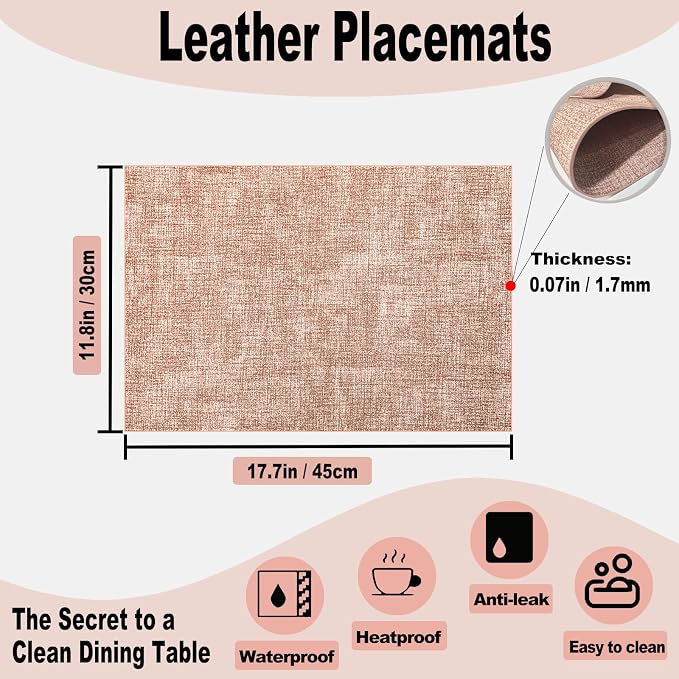 Faux Leather Placemats Set of 6, 11.8"x17.7", Soft Pink | Reversible Table Mats, Waterproof, Stain & Heat Resistant, Easy Clean for Dining, Gatherings, Outdoor