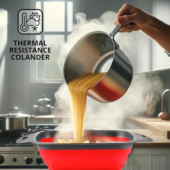 Square Collapsible Colander with Handles – Red Square Silicone Kitchen Strainers with Plastic Handles Foldable Kitchen Strainer Perfect for Draining Pasta Vegetable and Fruit Red