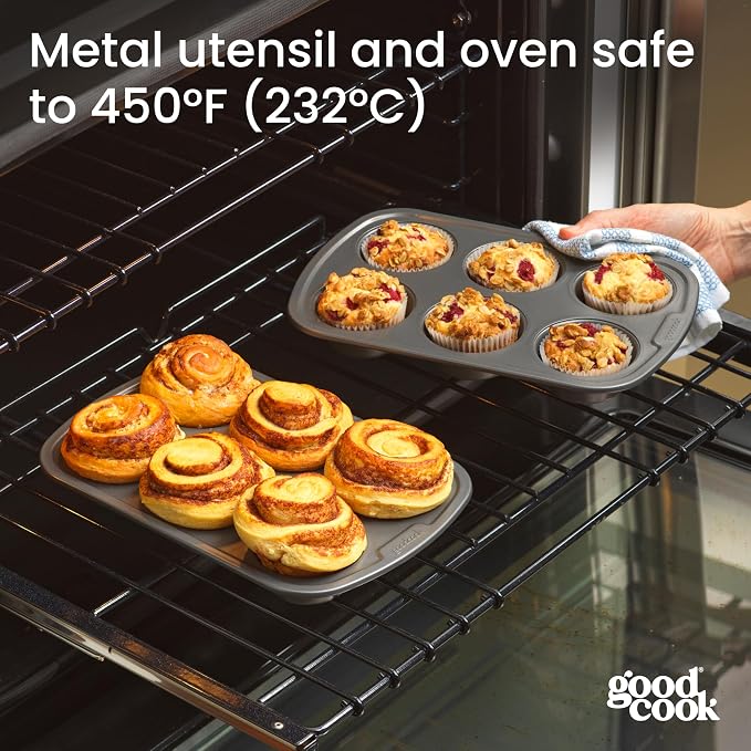 GoodCook Set of 2 Everyday Nonstick Steel Muffin Pan, 6-Cup, Gray