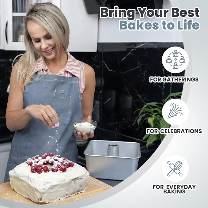 One-Piece Square Tube Cake Pan, 18 Cup, Anodized Aluminum, 9 x 9 x 4.5 in, Seamless Design, Easy Release, Even Heat, for Angel Food, Chiffon, Sponge, Mile High & Pound Cakes