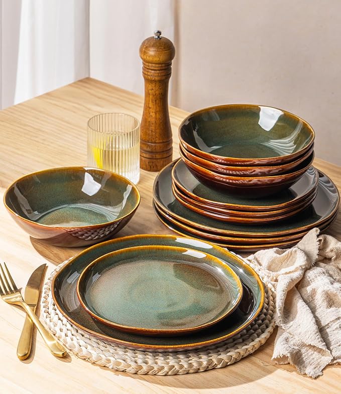 GBHOME Stoneware Dinnerware Sets for 4,12 Piece Rustic Plates and Bowls Set | Earthenware Handmade Reactive Glaze Plate Sets, Chip Resistant Ceramic Dishes, Microwave & Dishwasher Safe, Olive Maroon