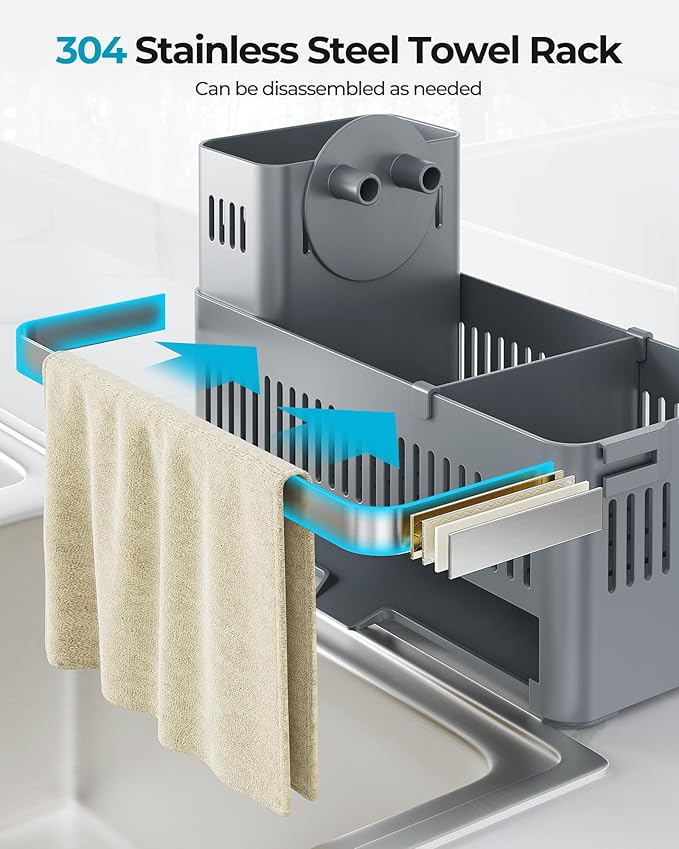 Nieifi Sponge Holder, Grey Rustproof ABS Sink Caddy with Towel Rack | Smiley Sponge and Brush Holders with Drainage to Keep Items Dry. 10"L x 4.5"D. Kitchen Counter Organizer & Essential Storage.