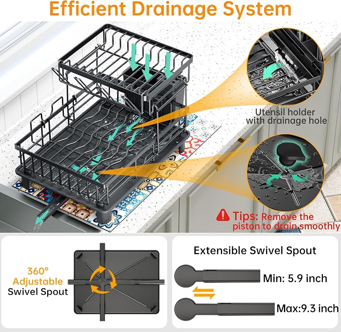 2 Tier Large Detachable Dish Drying Rack for Kitchen Counter,Black | Compact Drying Rack Kitchen, Rust-Resistant Dish Drainer Organizer, Space-Saving Dish Racks with Drainboard, Utensil Holder