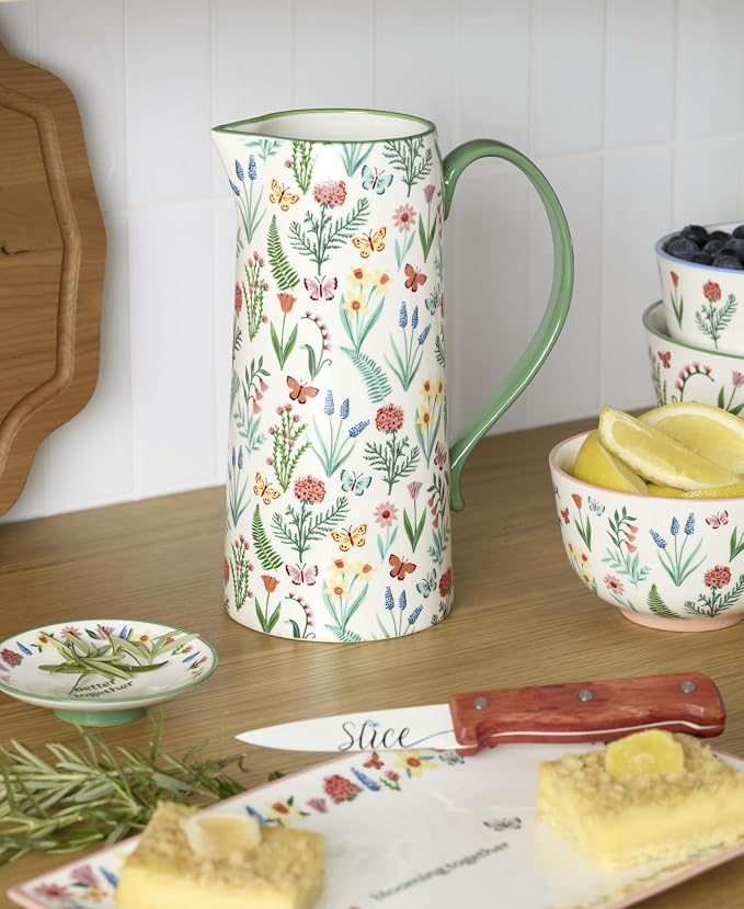 Oneida First Blooms Ceramic Pitcher, 50oz | butterfly and flower design, dishwasher safe | spring table decor | 9 inch, 50oz, gift for women, table decor item