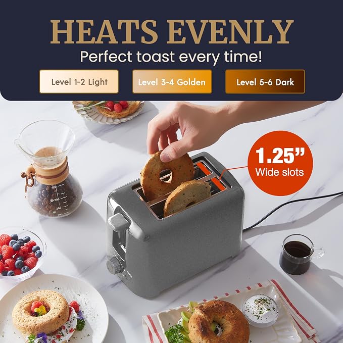 Elite Gourmet ECT1027G Cool-Touch 2-Slice Toaster, Gunmetal Gray | 6 Toast Settings & Cancel Function, Extra-Wide 1.25" Slots Fit Breads, English Muffins, Bagels & Waffles