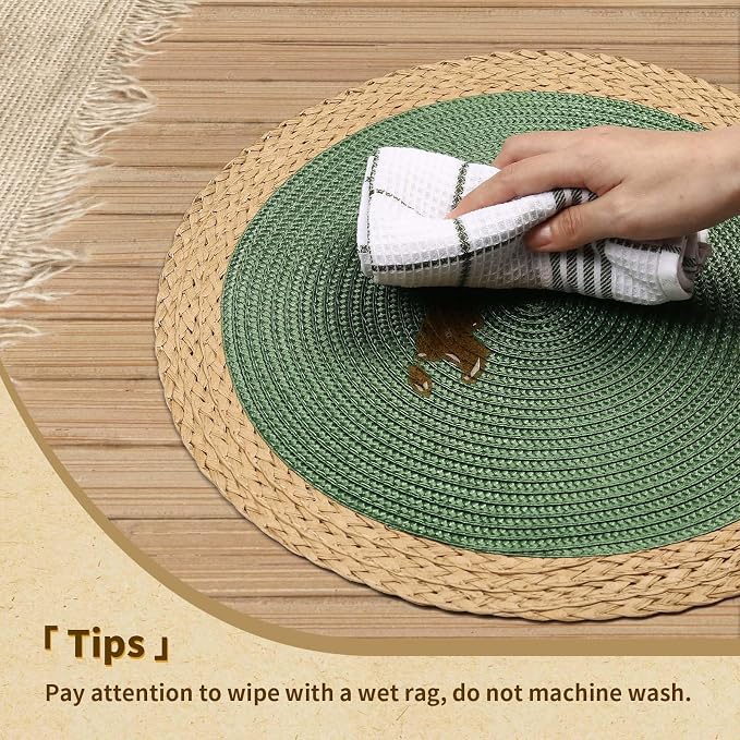 Round Placemats Set of 6, Woven Table Mats, Wide Edge, Green | Braided Paper Edge, 15 Inch Diameter, Fits Dinner Plate and Flatware, Wipeable, Heat Resistant, Indoor Dining, Outdoor Patio