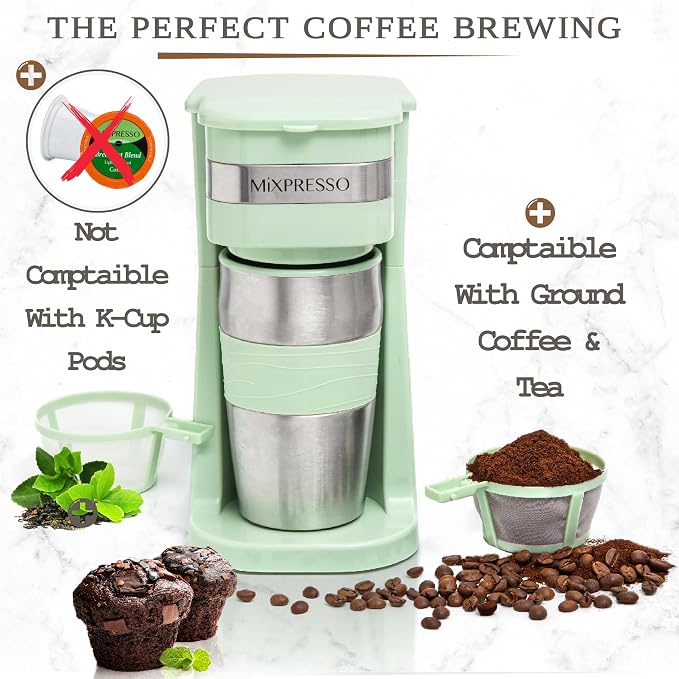 Mixpresso Single Serve & Single Cup Coffee Maker with 14oz Travel Mug Green | For ground coffee only, reusable filter, auto shut off. Compact personal drip coffee maker, not compatible with K-Cup pods.
