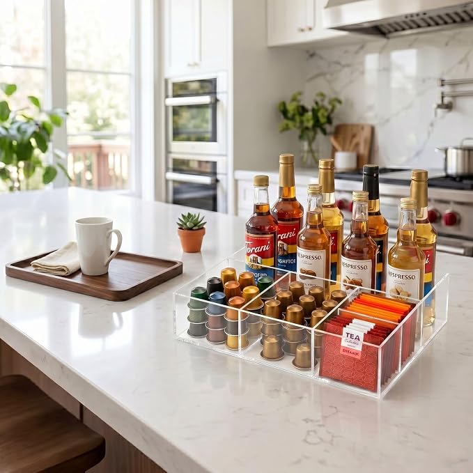 Acrylic Coffee Bar Station, Countertop Snack Tea Organizer & Condiment Tray | Syrup, Creamer, Sugar Packets & Tea Bags