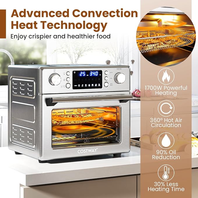 COSTWAY 14-in-1 Air Fryer Toaster Oven Combo | 1700W Dual Cook & 26 QT Large Capacity Stainless Steel Countertop Convection Oven LED Display, 7 Accessories