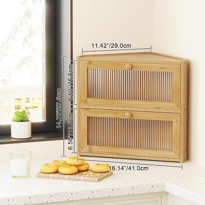 BAMBANG Corner Bread Box for Kitchen Countertop, Double Layer Bamboo Bread Storage Container with Wavy Windows, Farmhouse Large Bread Bin, Wooden Breadbox Holder for Homemade Bread (Natural)