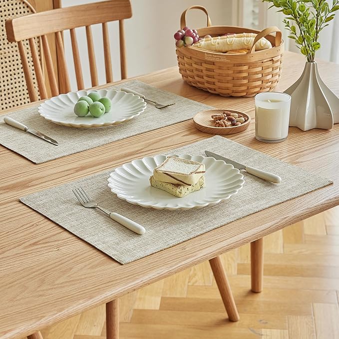 Softalker Faux Linen Placemats Set of 4-12 x 18 Inch, Heat Resistant Double Layered Durable Burlap Farmhouse Place Mats, Non-Slip Washable Rustic Table Mats for Dining, Kitchen, Party（Beige