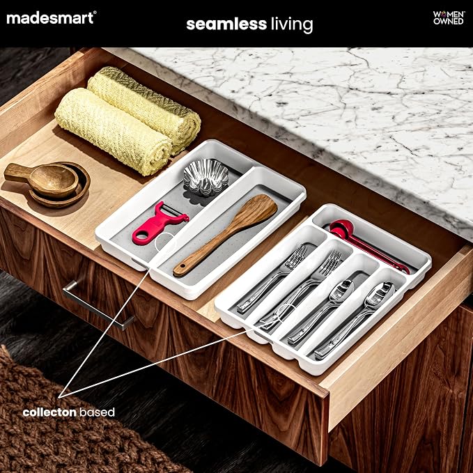 madesmart Classic 5 Compartment Compact Silverware Tray, White | non slip feet, rounded corners, branded icons, soft grip lining, forks knives spoons, flatware sorting, woman owned