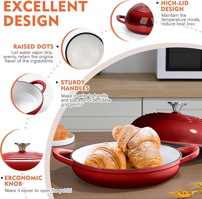 6 QT Enameled Cast Iron Round Bread Oven, Sourdough Dutch Oven | Bread Oven for Homemade Sourdough Bread Baking, Bread Pot with Dome Lid, Gifts for Sourdough Bakers, 500°F Oven Safe, Red