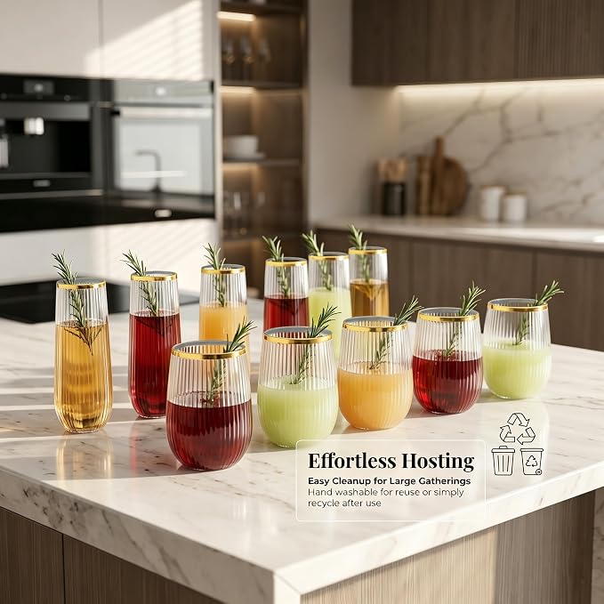 Lueumxc 48 Pack Plastic Wine Glasses Disposable Ribbed Champagne Flutes, 24 Pcs 9 OZ Stemless Champagne Flutes & 24 Pcs 15 OZ Disposable Wine Glasses, BPA-Free
